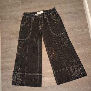Vintage Y2K Deadstock Baby Phat Black Cropped Jeans with Gold & Silver Splatter